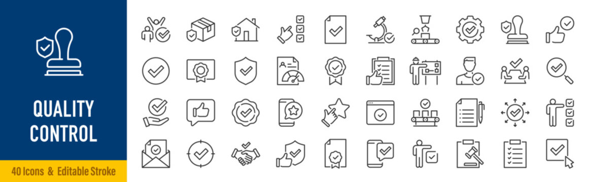 Quality Control web icons in line style. Certified, inspect, manufacture, production, analysis, collection. Vector illustration.