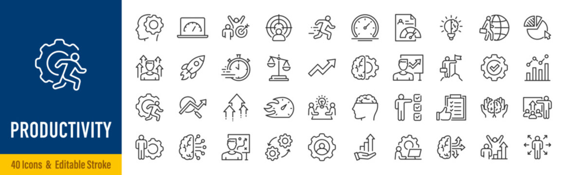 Productivity web icons in line style. Efficiency, goal, performance, organization, process, collection. Vector illustration.