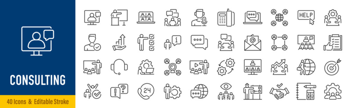 Consulting web icons in line style. Consultation, meeting, conference, service, communication, collection. Vector illustration.