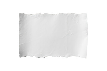 White torn paper blank page with wrinkled texture and distressed ripped edges, creating an empty message template on transparent background