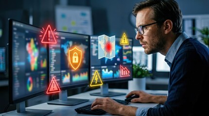 Fototapeta premium Focused shot of a risk analyst interacting with a multiscreen risk platform vivid alert icons prominent while the rest of the digital interface remains softly blurred.