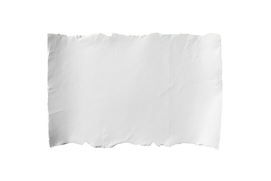 White torn paper blank page with wrinkled texture and distressed ripped edges, creating an empty message template on transparent background