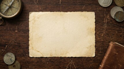 Blank Aged Paper Resting On Wooden Desk With Vintage Objects © sxcd