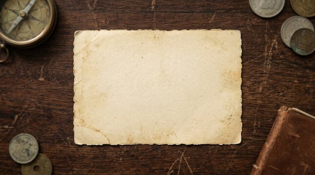 Blank Aged Paper Resting On Wooden Desk With Vintage Objects