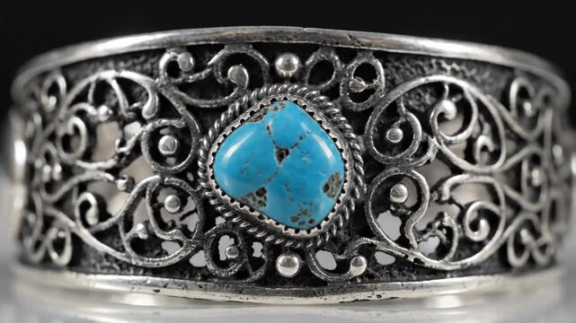 Ornate Silver Bracelet With Turquoise Gemstone Detailed Filigree Design Studio Shot