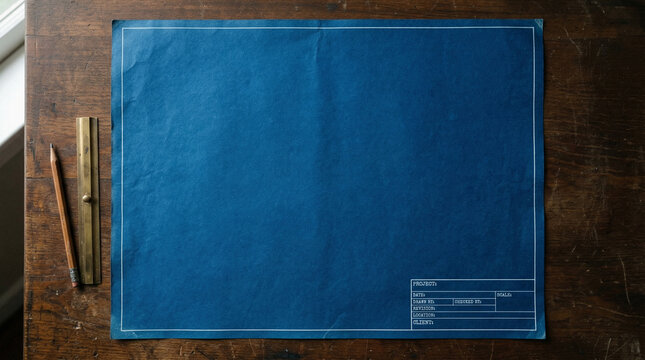 Blank Blue Blueprint Paper Resting On Rustic Wooden Desk