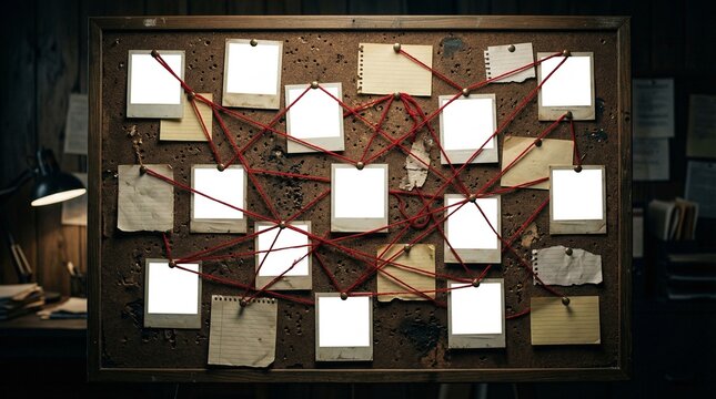 Blank Photos Pinned On Detective Investigation Board With Red String