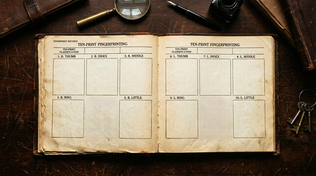 Open Vintage Fingerprint Record Book Resting On Wooden Desk