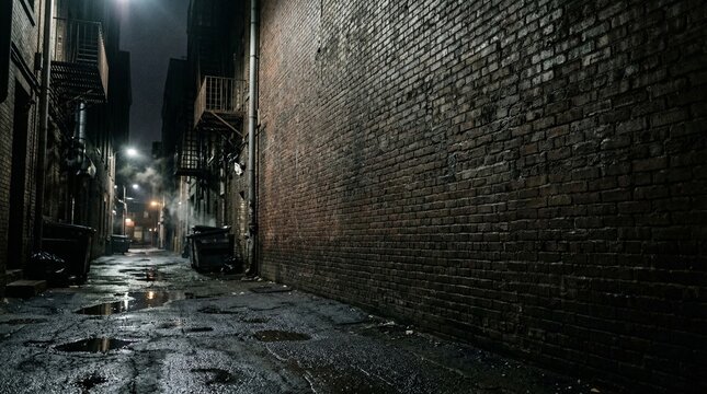 Dark Gritty City Alleyway With Blank Brick Wall