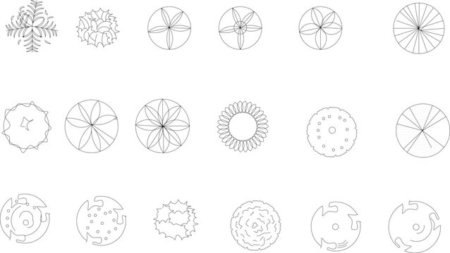 Technical architectural plan view symbols showing various trees, shrubs and plants with different canopy patterns for landscape design.