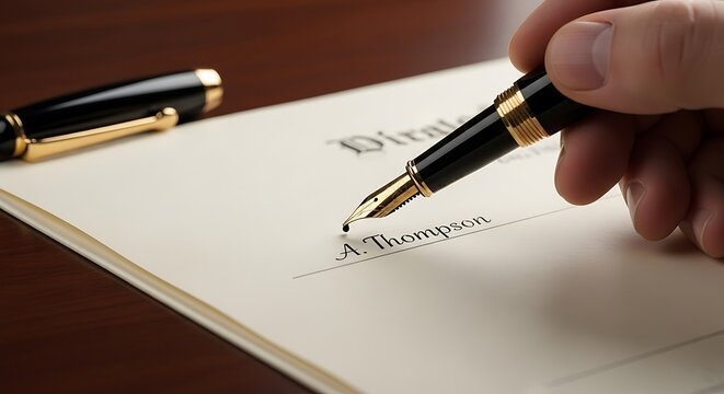 Hand signing document with pen on wooden table closeup