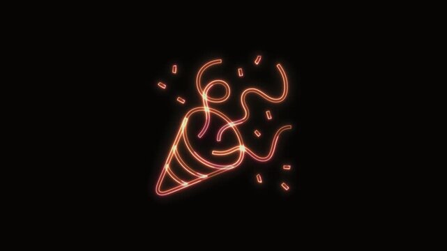  Party Popper Icon Neon Seamless Loop 4K with Black Background Animated Promotional Typography for Video Editing