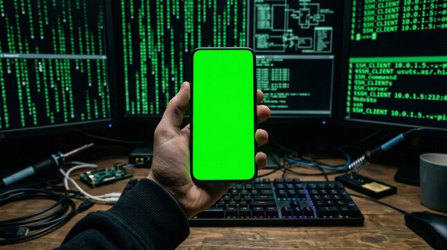 Hand Holding Smartphone With Green Screen Against Hacker Code Background