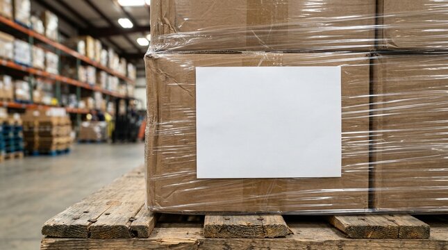 Shrink Wrapped Cardboard Boxes With Blank Label On Wooden Pallet