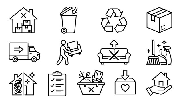 Decluttering and Junk Removal Line Icons &ndash; House Clearance, Moving and Cleaning Service Set