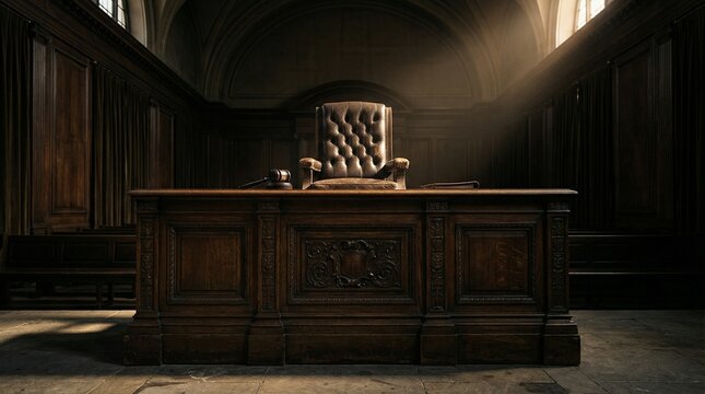 Empty Courtroom With Judges Desk And Leather Chair Under Cinematic Light