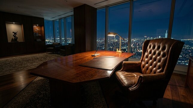 Luxury Office Desk And Leather Chair Overlooking Glowing City At Night