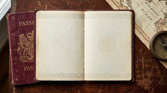 Open Passport With Blank Pages Lying Next To Vintage Map And Compass