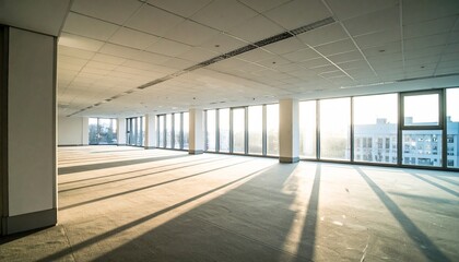 Fototapeta premium Spacious empty modern office interior with large windows and bright sunlight casting long shadows on the floor.