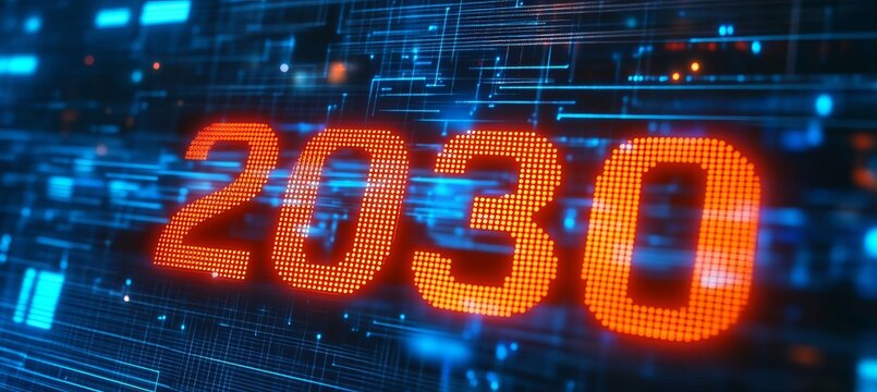 Futuristic Technology Trends Forecast for 2030 with Glowing Inscription and Abstract Background
