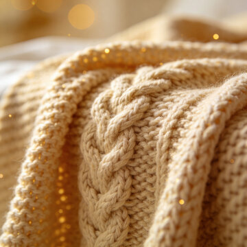 Beige knitted wool fabric close up