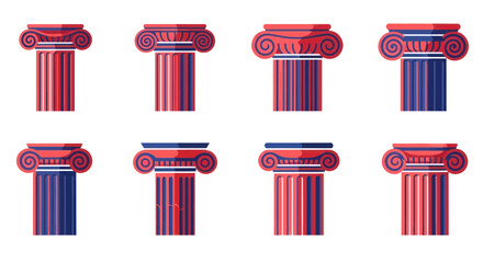 Set of Ionic Columns, Ancient Greek Architecture Elements, Red and Blue Tones © zui
