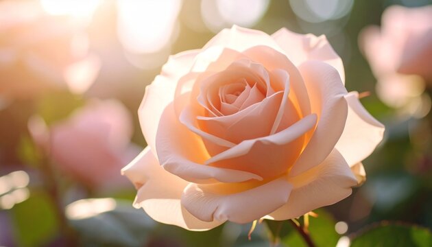 A Luminous Peach Rose Unfurling in the Warm Glow of Golden Hour Sunlight