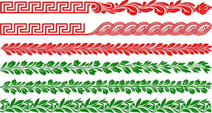 Set of ancient Greek ornamental borders featuring classic meander key, wave, and floral patterns in a dark, textured, hand-drawn style for decorative design