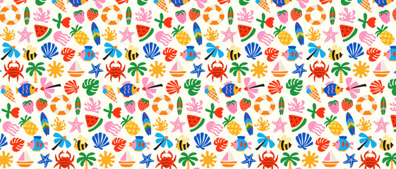 Fototapeta premium Colorful summer background with tropical fruits and sea creatures. Creative marine backdrop for textiles, fabrics, and wallpaper. Fun summer concept.