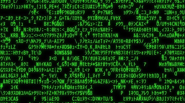Rapidly flickering green random characters on dark screen, glowing cyber glitch background animation.
