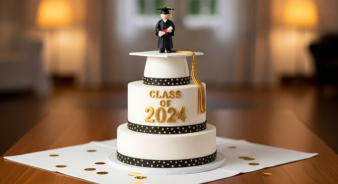 Graduation cake with cap and gown on top, sitting on table indoors