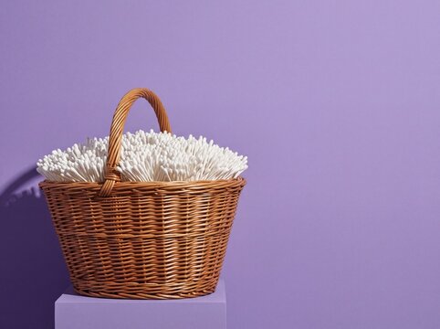 Wicker basket filled with cotton swabs on purple background surreal hygiene concept