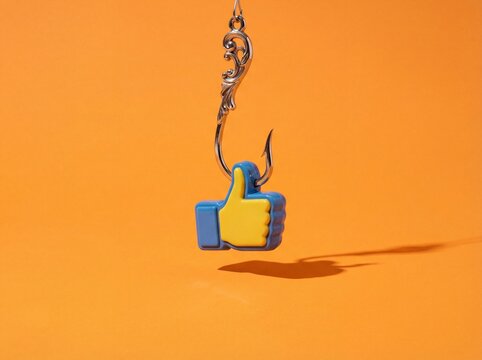 Social media thumbs up icon caught on silver fishing hook over orange background