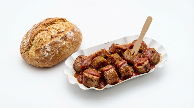 Currywurst with Bread Roll Isolated on White