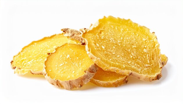 Close-up view of several thin, golden-yellow slices of fresh ginger root, isolated on a white background, highlighting its texture and color.