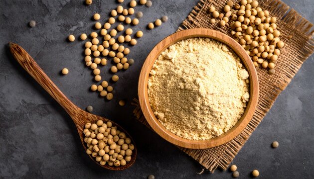 Overhead view of soybeans and soy flour in a wooden bowl with a spoon on a dark surface.