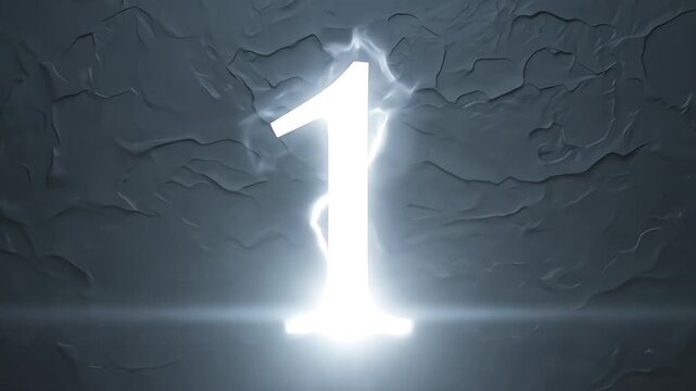 Glowing electric number one forming from lightning against a dark textured stone background