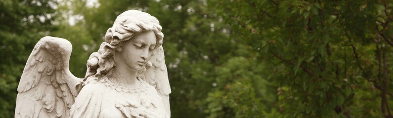 Fototapeta premium Stone angel statue with wings in garden. Sad female figure sculpture in park. Symbol of funeral, death and mourning. Memorial monument for cemetery and spirituality remembrance themes.