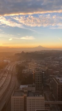 The Seattle morning commute on interstate 5 with a view of Mount Rainier