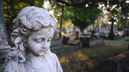 Fototapeta premium Stone statue of a sad child head in a sunlit garden. Mourning angel sculpture with closed eyes. Grave marker or memorial ornament for cemetery. Symbol of innocence and eternal peace.