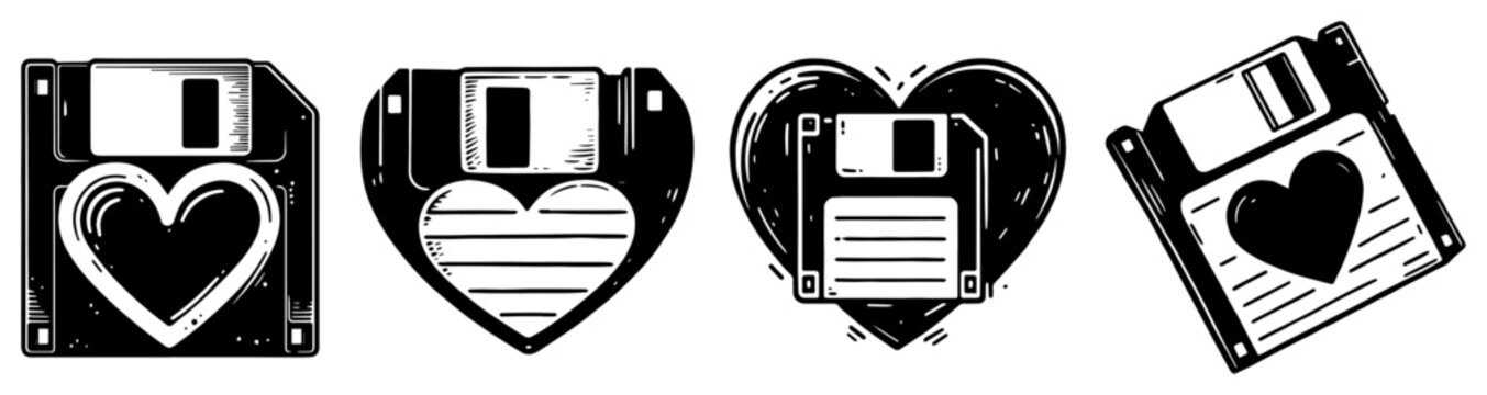 Retro floppy disk and diskette collection with heart icons for nostalgic technology and vintage data storage design