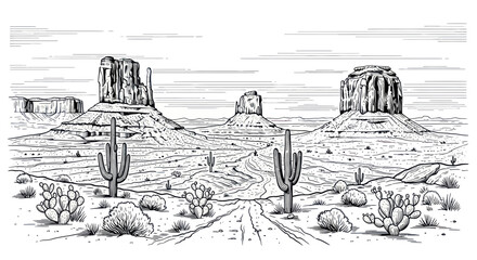 Monuments Valley Desert Landscape Drawing, Iconic Rock Formations, Cacti, and Arid Terrain © afgan