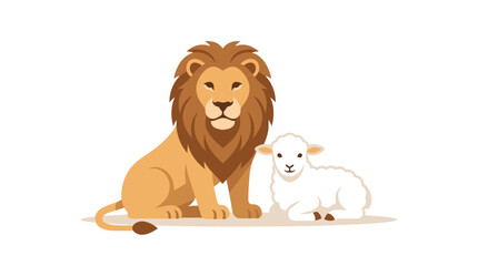 Fototapeta premium A majestic lion and a gentle lamb together, symbolizing peace and harmony. They are set against a minimalist background.