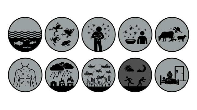 Depicting several plagues icons, in grayscale color. Each icon symbolizes a different catastrophe