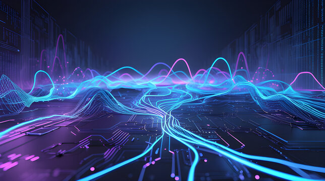 Vibrant neon waveform graphic with purple and blue hues in a futuristic digital landscape background