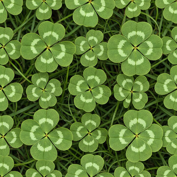 Seamless Pattern of Four Leaf Clovers and Grass.