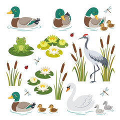 Cute Cartoon Ducks and Wetland Creatures Collection Frog Crane Swan Reed Water Lily Vector Set © Mst RAFIYA
