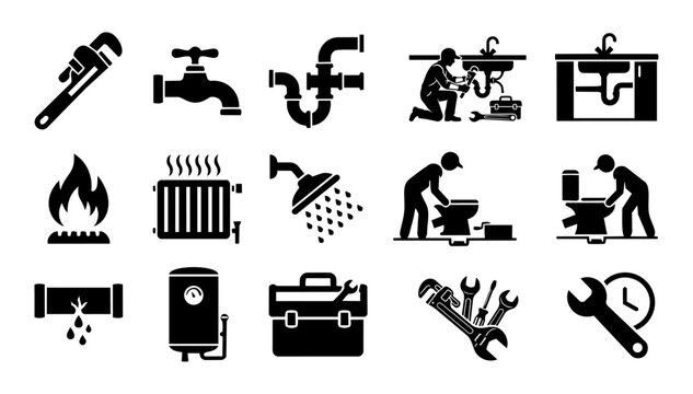 Plumbing and Gas Installation Silhouette Icons Set &ndash; Plumber Tools, Repair Service, Heating and Water System Collection
