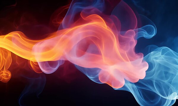 Vibrant orange and blue smoke swirls merge in a dark environment creating a mesmerizing abstract scene with flowing patterns.