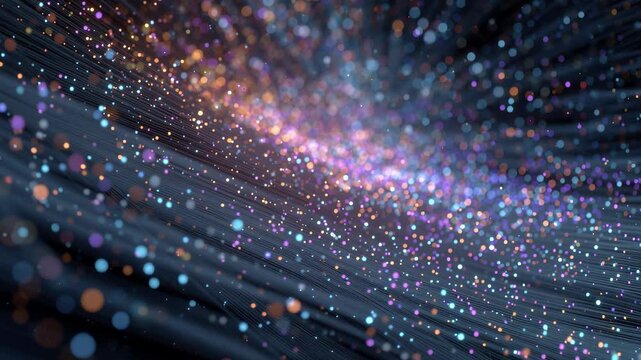 無数の発光する粒子と垂直な線が波状に広がる抽象的なデジタルグラフィック

